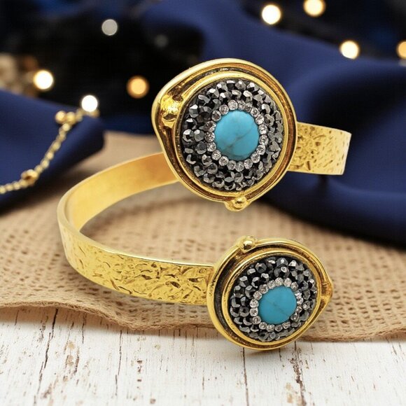 Boho Chic 18K Gold Plated Cuff & Ring Set With Turquoise & Hematite Stones - Picture 3 of 12